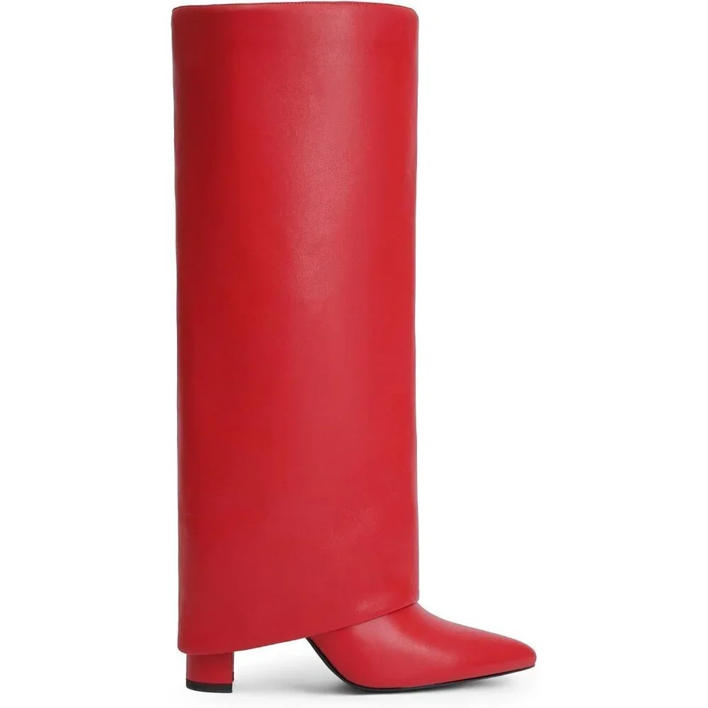 Women Red Pu Leather Fold Over Knee High Dress Tall Chunky High Heels Long Boot